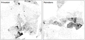 Princeton and Plainsboro. Based on US Census data, one dot equals one resident. Darker areas are therefore the most dense. (Click to expand.)