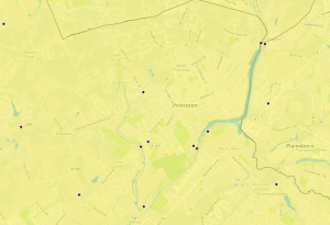 Problem bridges in Princeton. Purple dots indicate structurally deficient bridges. Lilac dots indicate functionally obsolete bridges. (click to expand, or click here for scrollable map via NJSpotlight).